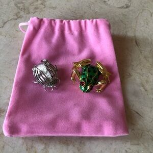 Whimsical Gold Frog and Silver Beetle Brooch Set